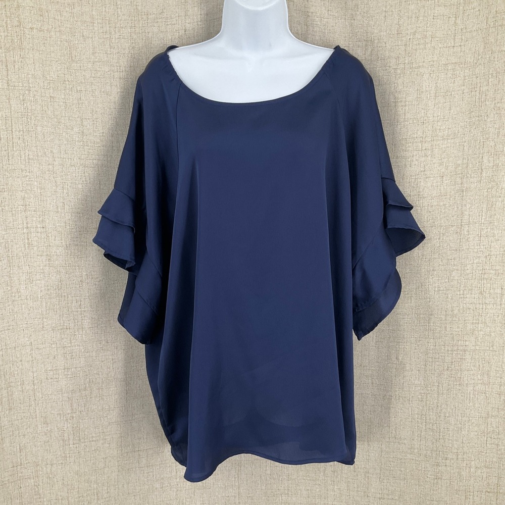Umgee Blouse Womens 2XL Navy Blue Ruffle Tiered Sleeve Bohemian Flowy Preppy